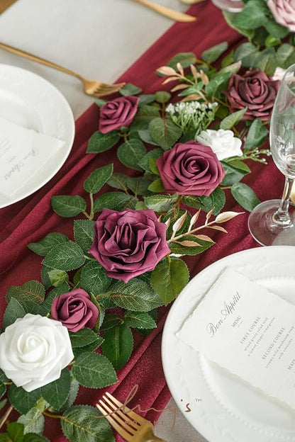 Ling's moment 5FT Burgundy Artificial Flower Garland Dusty Rose Leaves Floral Garland Arch Flowers Vine for Wedding Party Backdrop Decor Mantel Home Table Centerpieces Wall Decorations