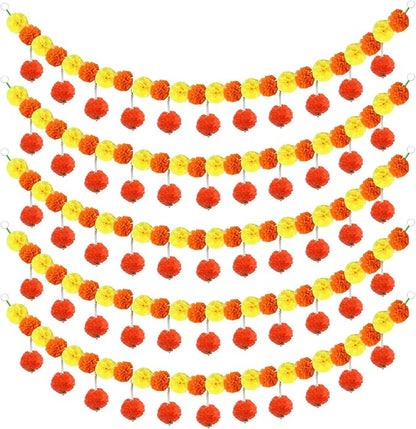 5 Pcs Diwali Artificial Marigold Garland with Pearls Decor, 4.5 Feet Artificial Marigold Flowers for Indian Pooja Diwali Home Mantle Decor Long Strands for All Year Decoration (Yellow＆Orange&Red)