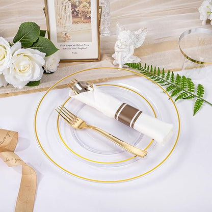 SUT 350 Pcs Gold and Clear Plastic Dinnerware Set for 50 Guests, Include: 50 Dinner Plates, 50 Dessert Plates, 50 Pre Rolled Napkins With Silverware, 50 Cups, Disposable Plates for Party, Wedding