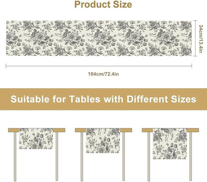 Vintage Flower Table Runner, Black White Wildfloral Floral Sketch Print Kitchen Dinning Table Runner for Indoor Outdoor Home Wedding Party Holiday, 13x70 Inch