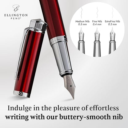 Ellington Pens Luxury Fountain Pen Set- Fountain Pens for Writing - Smooth Fine Nib - Includes Refillable Ink Converter, 3 Ink Cartridges [Black & Blue], Gift Box - Elegant Calligraphy