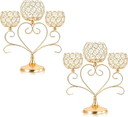 2 Pcs 3-Arm Heart Tea Light Candle Holder - Crystal & Metal Wedding Centerpiece Decor, Sparkling Table Decor for Anniversaries/Romantic Tabletop Home/Dinner Party/Events (2, Gold)