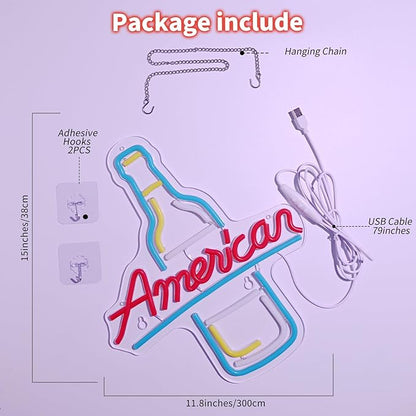 American Beer Neon Sign - Vintage Bottle LED Wall Light, Garage Bar Decor, Man Cave Lighting, Rustic Tavern Sign, USB Powered Neon for Game Room
