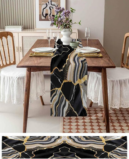 Geometric Black Marble Cotton Linen Table Runner for Dining Kitchen, Wedding Outdoor Party Tablerunners Decoration,Farm Marble Liquid Ripple Abstract Dresser Scarf Coffee Tablecloth Runners 13''x120''