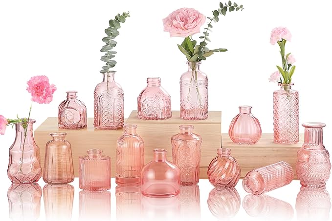 Bud Vases for Centerpieces Wedding,Flower Vases in Bulk for Rustic Home Decor,Small Vases for Wedding,Mother's Day,Graduation,Christmas,Birthday Party,Valentine's Day(Pink,15 Pcs)
