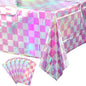 6 Pack Pink and Iridescent Checkered Plastic Tablecloth, Shiny Disposable Laser Rectangle Table Covers, Holographic Foil Tablecloth Iridescent Party Decorations for Picnic Camping Outdoor, 54x108Inch
