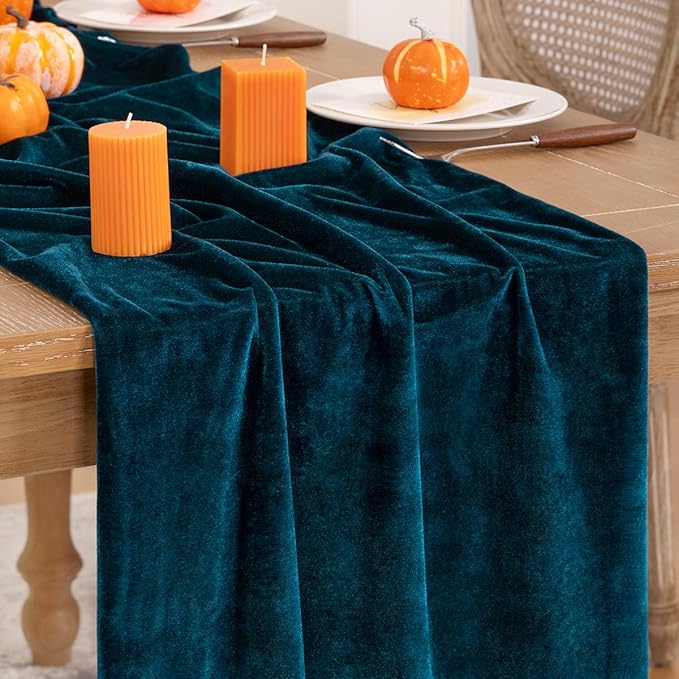Peacock Green Velvet Table Runner Fall Thanksgiving Turquoise Table Runner 20 x 120 Inch Luxurious Elegant Velvet Fabric Table Decorations for Christmas Dinner Wedding Bridal Baby Shower