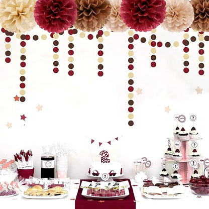 Boho Baby-Shower Burgundy-Brown Champagne Party-Decorations - 28pcs Neutral Birthday Rustic Wedding Bridal Tissue Pom Poms Streamers, Fall Autumn Tassel Garland Banner, Engagement Decor Ouruola