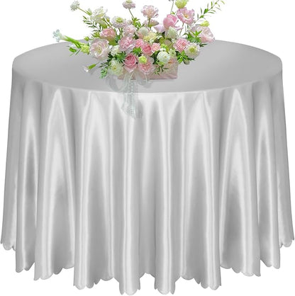 KKJIAF 1 Pack 108 Inch Round Table Cloth, Silver Overlay Round Satin Table Cover, Silky Satin Dining Tablecloths for Wedding Buffet Parties Banquet Decoration