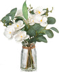 White Orchids Artificial Flowers with Vase Fake Flowers in Vase Artificial Eucalyptus Stems in Glass Vases with Faux Water Faux Orchid with Eucalyptus Leaves Arrangement for Dining Table Centerpiece