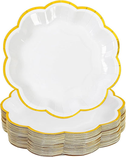 White Golden Party Plates Gold Foil Dessert Paper Plate 7inch Scalloped Edge Disposable Cake Plates for Tea Party Birthday Bridal Baby Shower Wedding Party Supplies (48, White)