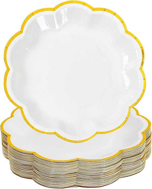 White Golden Party Plates Gold Foil Dessert Paper Plate 7inch Scalloped Edge Disposable Cake Plates for Tea Party Birthday Bridal Baby Shower Wedding Party Supplies (48, White)