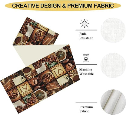 Coffee Theme Table Runner, Retro Farmhouse Coffee Cup Latte Cappuccino Tea Party Cafe Table Center Decor for Home Kitchen Dining Patio Holiday Party Indoor Outdoor Table Decorations,13"x36" Inch