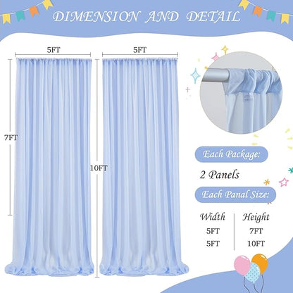 10ft x 10ft Baby Blue Chiffon Backdrop Curtain with Lights String for Parites Wedding Light Blue Curtains Photo Backdrop Drapes for Baby Shower Birthday Party Home Decorations