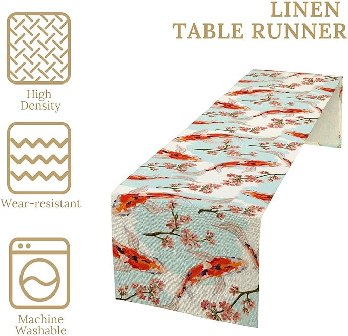 Japanese Kio Fish Table Runner Cherry Flower Art Printed Burlap Runner Home Kitchen Dining Table Living Room Decor Fabric 1 Panel W13xL120in