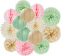 Sage-Green Pink-Champagne Party-Decorations Streamers Lanterns - 14pcs Neutral Baby Shower Paper Fan,Tissue Pom Poms,Honeycomb Balls,Boho Wedding Engagement Bachelorette Birthday Bridal Decor Ouruola