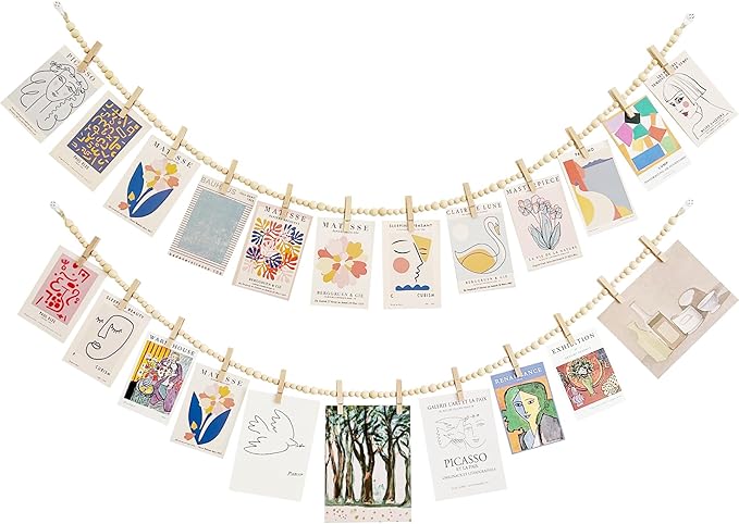 2PCS Hanging Photo Display with Clips, Photo String with 12 Clips, Boho Wooden Bead Garland Collage Picture for Classroom, Bedroom, Office Wall Decor