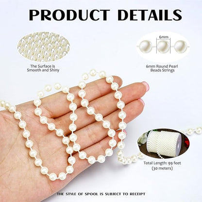 99 Feet 6mm Pearl Strings Garland for Crafts, Artificial Pearl Beaded Trim Chain Roll Strands for Wedding Centerpieces Bouquet Party Decoration Christmas Tree Garland, White