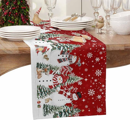 Christmas Snowman Cotton Linen Table Runner for Dining Kitchen, Xmas Tree White Snowflakes Winter Wedding Outdoor Party Tablerunners Decoration, Dresser Scarf Coffee Tablecloth Runners 13x108 Inches