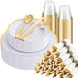 SUT 175 Pcs White and Gold Plastic Plates, Plastic Dinnerware Set for 25 Guests, Disposable Plates and Napkins Party Supplies, Gold Silverware, Plates, Cups and Napkins Sets for Party, Weddings