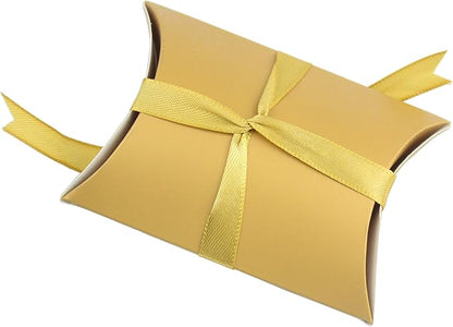 Aokbean 100 Pack Mini Pillow Candy Box Small Gift Boxes with 50 Yards Ribbon for Christmas Wedding Party Favor Gift, Jewelry or Soap Packaging (Gold)