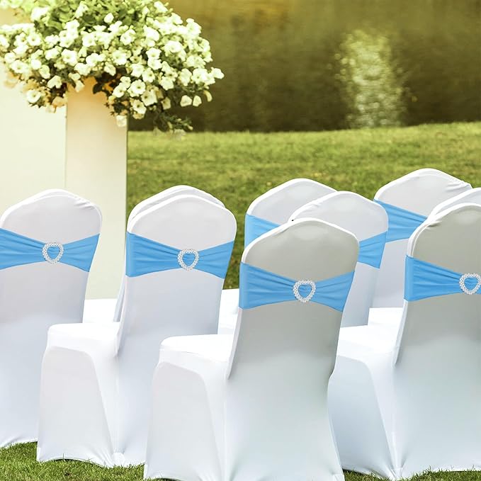 100 Pack Spandex Stretch Blue Chair Sashes Bows Universal Elastic Light Blue Chair Cover Bands Ties with Buckle Slider for Wedding Party Banquet Ceremony Reception Event Decorations