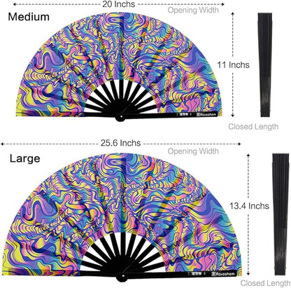 UV Glow Rave Fan, Bamboo Folding Clack Hand Fans Foldable for Men Women, Boots on the Ground Poping Fan for EDM Festival Line Dance Decoration, (Waves-2, Medium 11")
