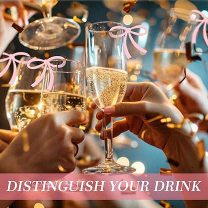 50 Pcs Bows Drink Tags Coquette Bow Wine Glass Charms Acrylic Bowknot Drink Tag for Bachelorette Birthday Wedding Coquette Tasting Party Decor Accessory(Pink)