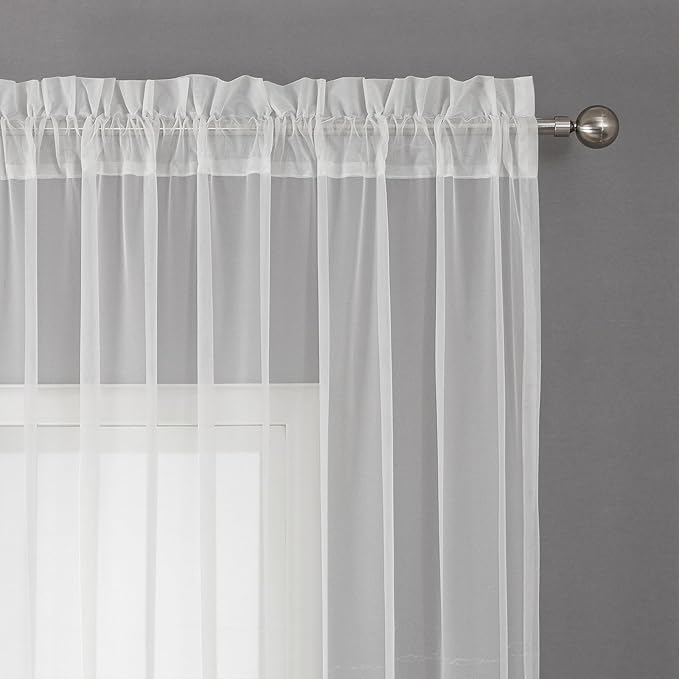 VISIONTEX White Sheer Voile Curtains, Decorative White Embossed European Rod Pocket Window Drapes for Home Kitchen, Living Room and Bedroom 54 x 84 Inch, Set of 2 Curtain Panels