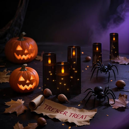 Raycare Flameless Candle with Remote Timer – 5 Flickering Acrylic Battery Operated LED Pillar Candles with Embedded Star String for Halloween, Home Decor, and as a Gift(Black)