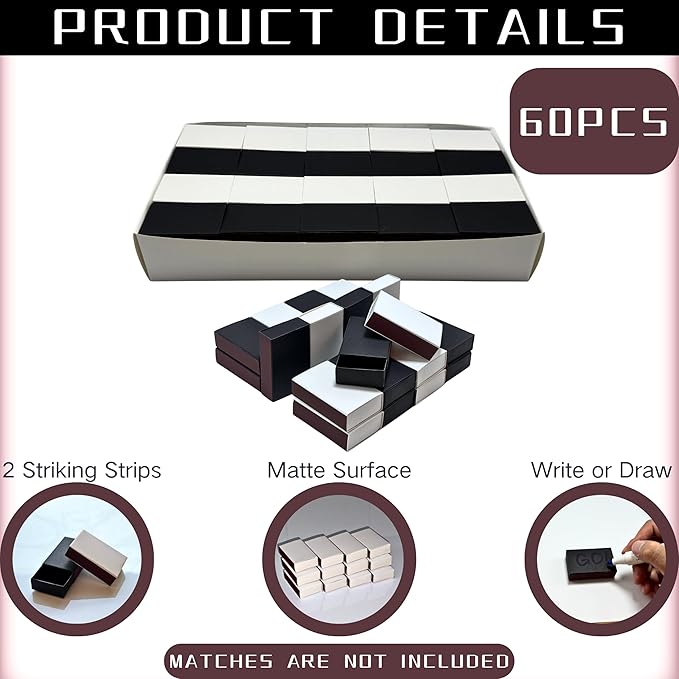 60pcs Blank Match Boxes, 2.25x1.42x0.59in Bulk White and Black Matchboxes DIY Plain Storage Containers Holders Double-Sided Striker Wedding Bridal Baby Shower Birthday Party Favor, No Matches Included