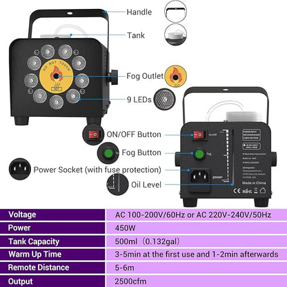 Smoke Machine, Theefun Fog Machine 450w 2500CFM with 9 LED 12 Color Lights Portable 500ml Tank No Liquid Included Stage Smoke Machine Fog Indoor with Wireless Remote Control for Wedding DJ Party