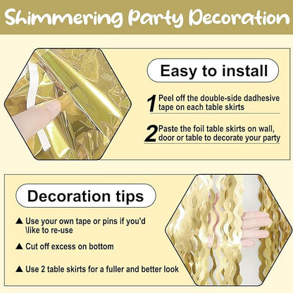 6 Pack 29 x108 Inch Light Gold Wave Foil Fringe Table Skirts Metallic Banner for Tinsel Streamer Garland Backdrop for Parade Floats, Mother's Day, Easter, Wedding, Birthday Party Decoration