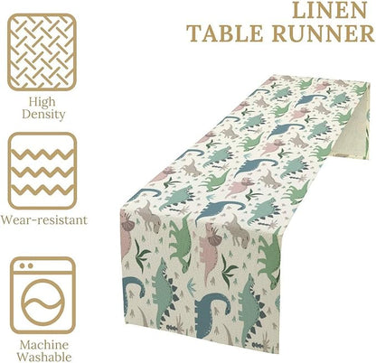 Cartoon Dinosaur Table Runner,Kids Boys Cute Colorful Animal Dino Abstract Print Tablecloth Burlap for Hotel Indoors Outdoor Dining Room Kitchen Holiday Party, 13x70in