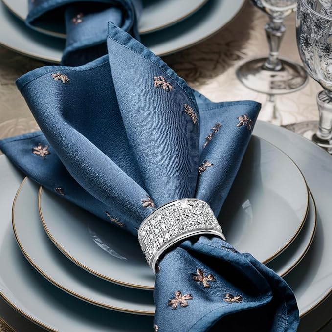 Silver Diamond Napkin Ring Set of 24 Rhinestone Crystal Glass Framed Napkin Holder for Table Decor,Thanksgiving,Christmas,Anniversary, Birthday, Holiday, Party Serviette Buckles Home Decoration