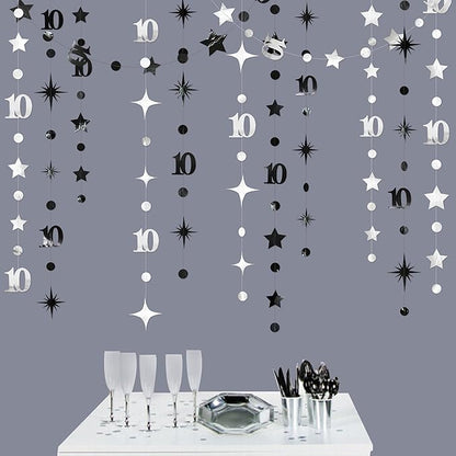 Silver Black 10th Birthday Decorations Number 10 Circle Dot Twinkle Star Garland Metallic Hanging Streamer Backdrop for Girls Boys Double Digits Ten Years Old Birthday 10th Anniversary Party Decor