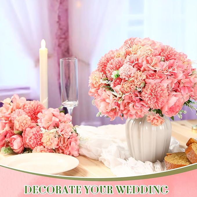 Tigeen Artificial Flowers Artificial Peonies Silk Flowers Faux Peony Fake Peony Silk Hydrangea Bouquet for Wedding Table Centerpiece Floral Vase Decor(Rose Pink,24 Bundles)