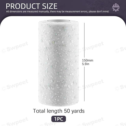 Swpeet 6 Inch by 50 Yards White Glitter Tulle Fabric Roll, Fabric Spool Sparkling Tulle Ribbon, Netting Polyester Spool for DIY Birthday Party Wedding Decorations Christmas Craft Supplies