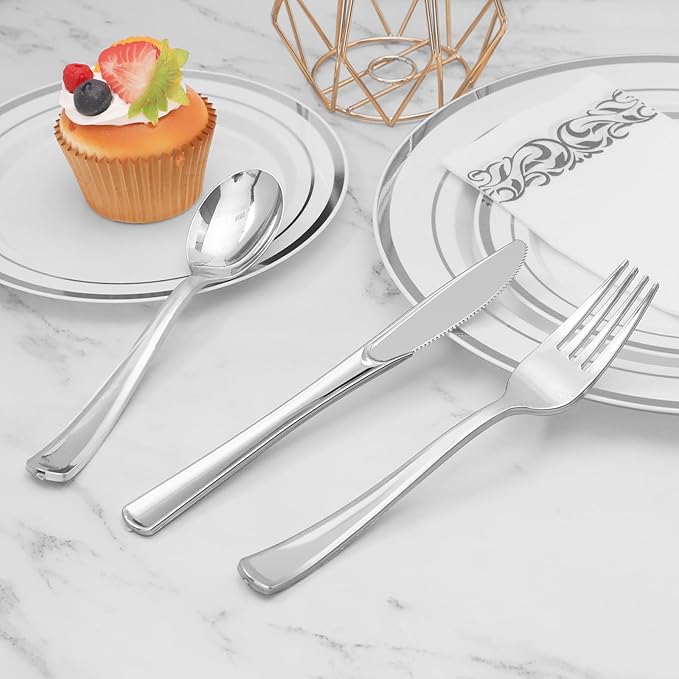 BESTVIP 50 Pack 6.9 Inch Silver Plastic Spoons, Heavy Duty Plastic Silverware, Heavyweight Silver Disposable Spoons, Disposable Serving Utensils for Catering, Parties, Dinners, Weddings, Christmas