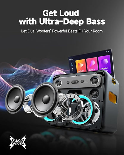 Ikarao Karaoke Machine with Microphone Stand, Portable Bluetooth Speaker for Party, Backyard, Karaoke System with 2 Wireless Microphone for Adults Kids, for Women, Men, Singing Lovers