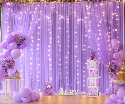Lavender Tulle Photo Backdrop Curtain with Lights String for Parties Wedding Bridal Shower Sheer Lavender Curtain Backdrop for Birthday Baby Shower Photo Booth Photography 10ft x 8ft