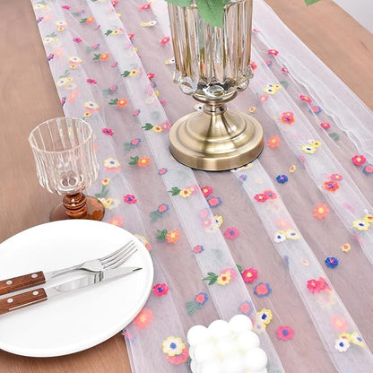 Joanlody Ivory Embroidery Daisy Fall Thanksgiving Table Runner 10ft Florals Seasonal Tulle Table Runner Holiday Kitchen Dining Table Decoration for Home Party Indoor