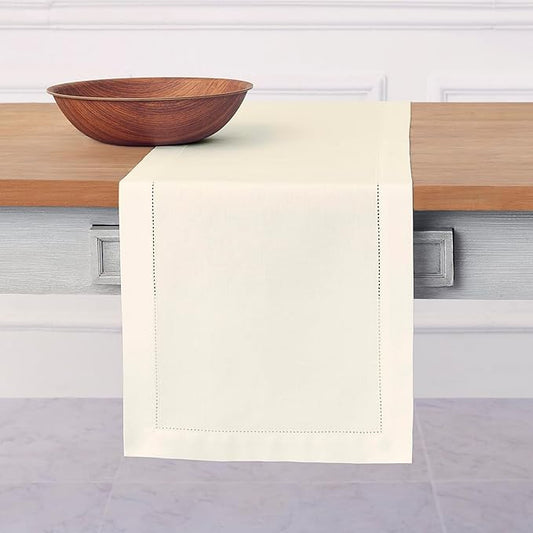 Solino Home Ivory Table Runner 108 Inches Long - Cotton Linen Hemstitch 14 x 108 Inch Table Runner for Dining, Fall, Autumn, Thanksgiving, Holiday