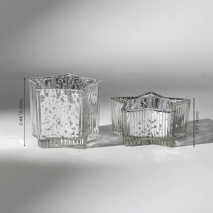 Letine 10pcs Silver Ribbed Star Candle Cups - Assorted Height Tea Light Holders, Votive Candle Holders forWedding, Fall Table Centerpiece, Mercury Glass Lucky Star Jar Decor(Tall 2.44", Short 1.57")