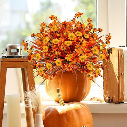 Fake Mums Fall Flowers Artificial for Decoration, 12 Bundles Faux Plants Silk Orange Flowers Realistic UV Resistant for Outdoors Planter Porch Garden Balcony Patio Window Box