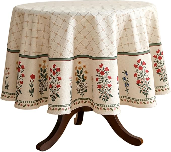 ISAENNE Designer Vintage Linen Floral Small Round Tablecloth,Fall Colorful Modern Table Cloth,Anti-Wrinkle Decor Tablecloths for Dining Thanksgiving Kitchen Christmas,Diameter 55"-Bertina E