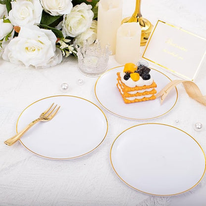 Festiva 200Pcs Gold Dessert Plates 6.3" with Forks 5"- Small Disposable Dessert/Cake/Appetizer Plates Plates- serve 100 guests include 100Plates 100Forks for Wedding Party&Thanksgiving&Christmas