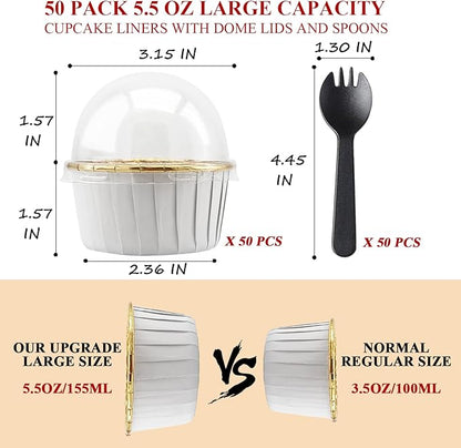 50 Pack Jumbo Cupcake Cups with Lids,LNYZQUS 5oz Foil Cupcake Muffin Liners,Disposable Ramekins Pans Muffin Tins,Large Baking Cups Cupcake Wrappers Holders -White in gold