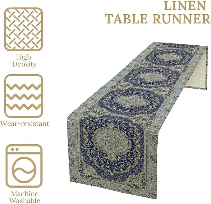Boho Bohemia Style Blue Teal Table Runner, Country Rustic Farmhouse Magical Abstract Print Pattern for Home Kitchen Table Decor Dining Coffee Room Garden Party Decor 13x72in