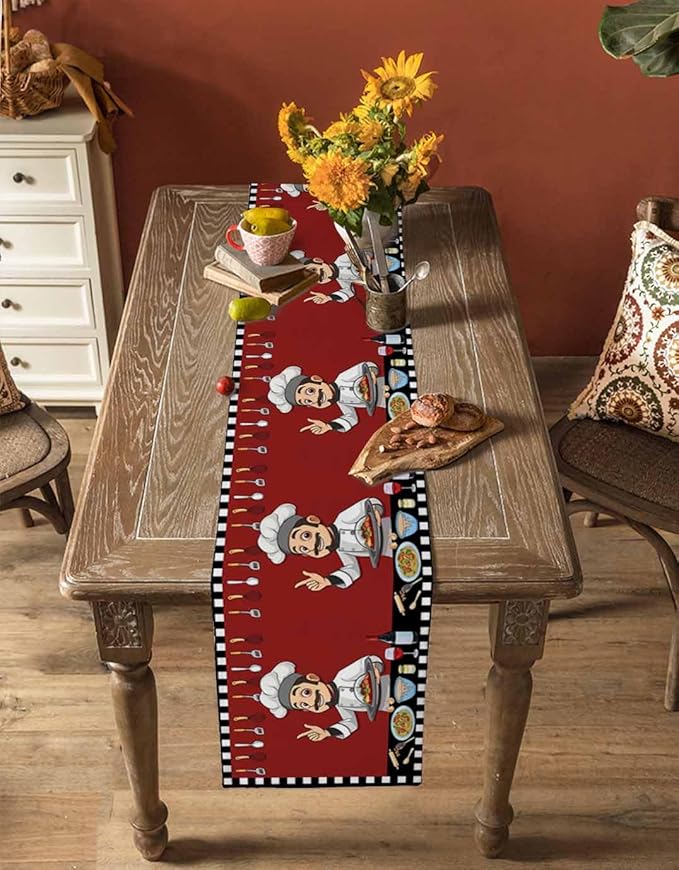 Red Chef Gourmet Cotton Linen Table Runner for Dining Kitchen, Wedding Outdoor Party Tablerunners Decoration, Black White Check Plaid Funny Kitchen Dresser Scarf Coffee Tablecloth Runners 13x36 Inches